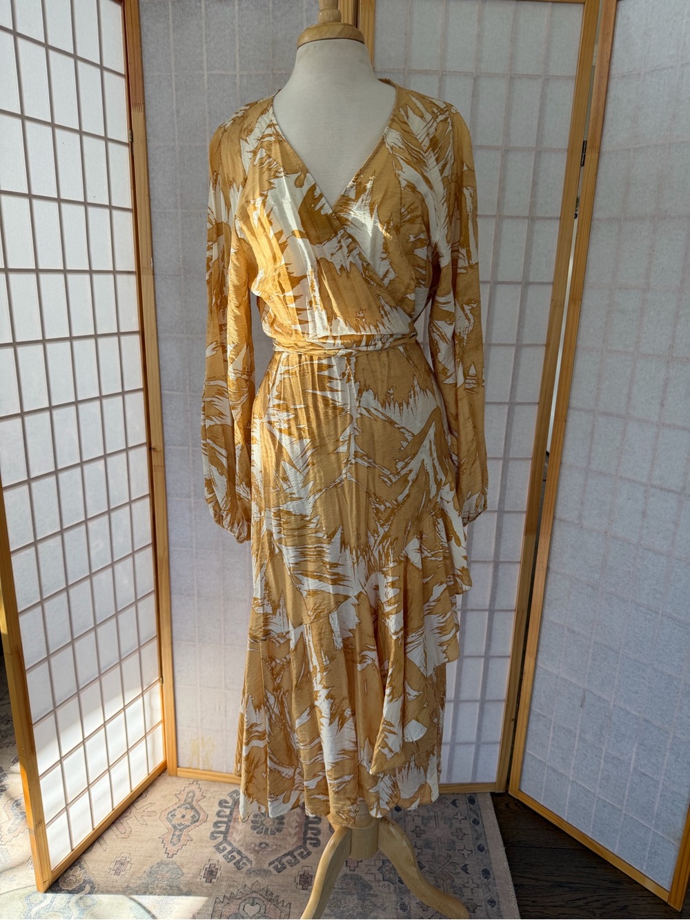 H&M Mustard Yellow and Ivory Floral Wrap Maxi Dress with Side Ruffle Detail